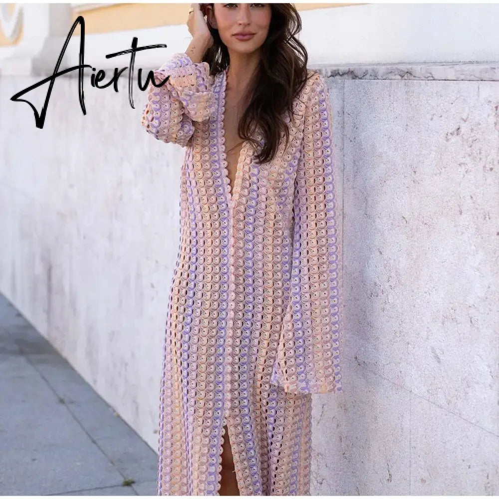 Patchwork Deep V-neck Women's Knit Dress Casual Full Flare Sleeve Crocheted Slit Long Dresses Female Autumn Party Vestidos Aiertu