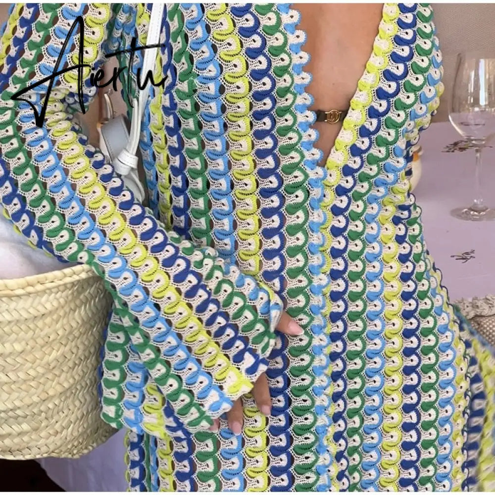 Patchwork Deep V-neck Women's Knit Dress Casual Full Flare Sleeve Crocheted Slit Long Dresses Female Autumn Party Vestidos Aiertu
