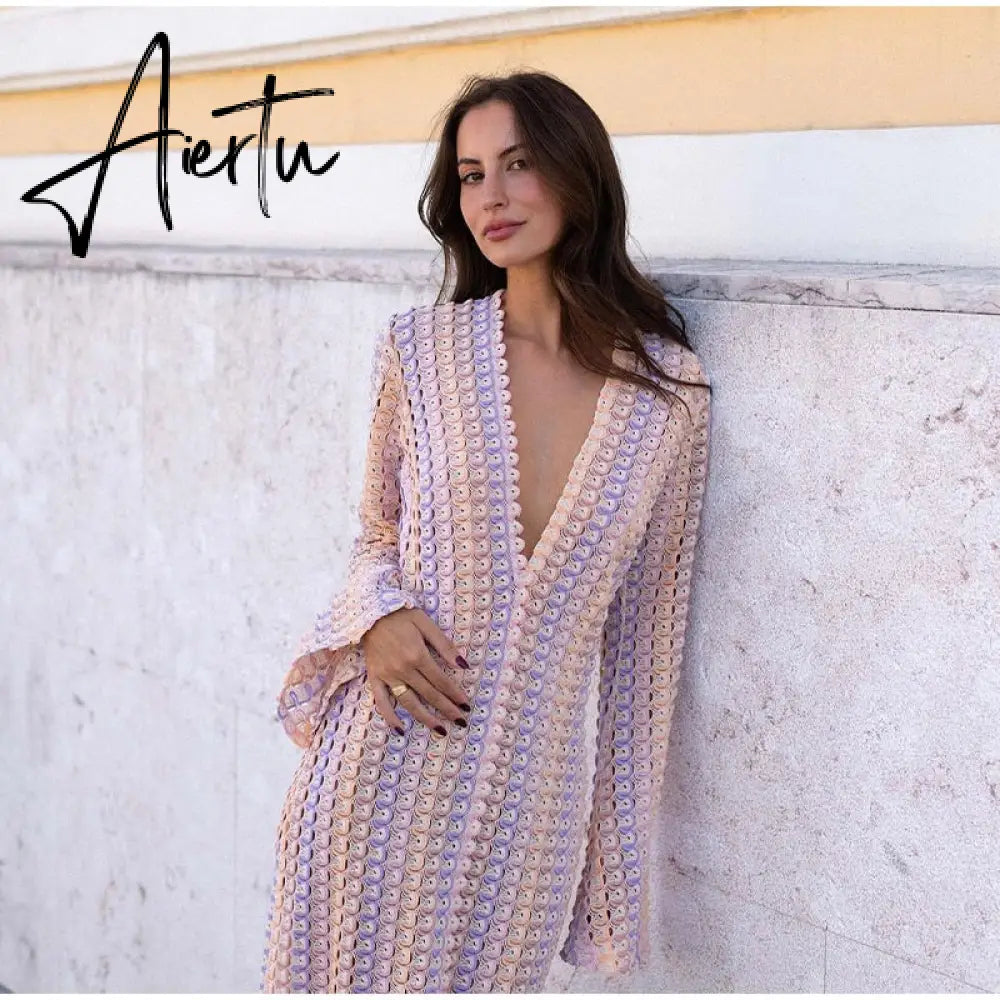 Patchwork Deep V-neck Women's Knit Dress Casual Full Flare Sleeve Crocheted Slit Long Dresses Female Autumn Party Vestidos Aiertu