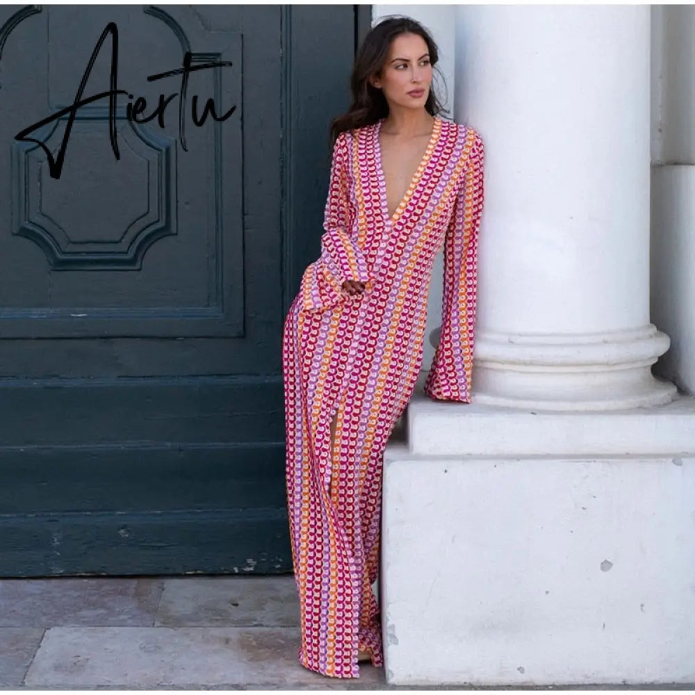 Patchwork Deep V-neck Women's Knit Dress Casual Full Flare Sleeve Crocheted Slit Long Dresses Female Autumn Party Vestidos Aiertu