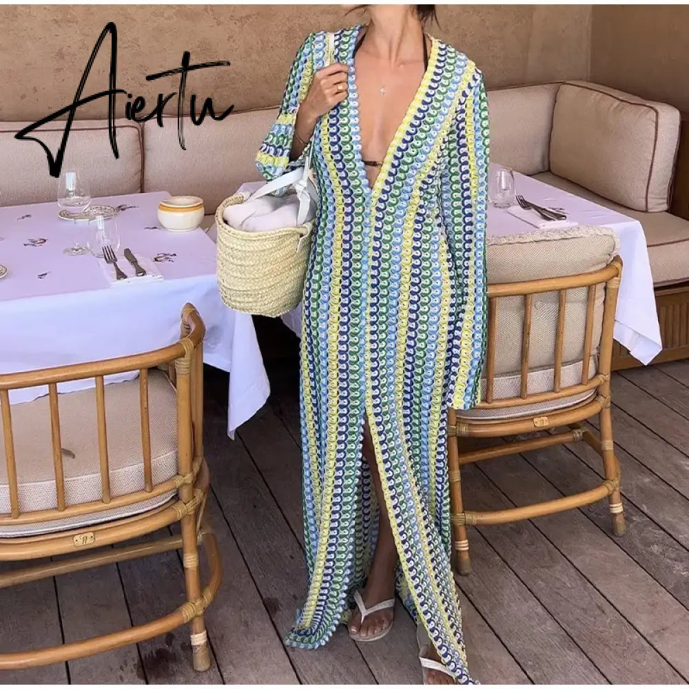 Patchwork Deep V-neck Women's Knit Dress Casual Full Flare Sleeve Crocheted Slit Long Dresses Female Autumn Party Vestidos Aiertu