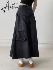 Patchwork Double Belt Skirts For Women Dropped Waist Spliced Pockets Vintage A Line Skirt Female Fashion Clothing Aiertu