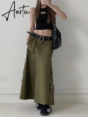 Patchwork Double Belt Skirts For Women Dropped Waist Spliced Pockets Vintage A Line Skirt Female Fashion Clothing Aiertu