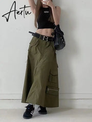 Patchwork Double Belt Skirts For Women Dropped Waist Spliced Pockets Vintage A Line Skirt Female Fashion Clothing Aiertu