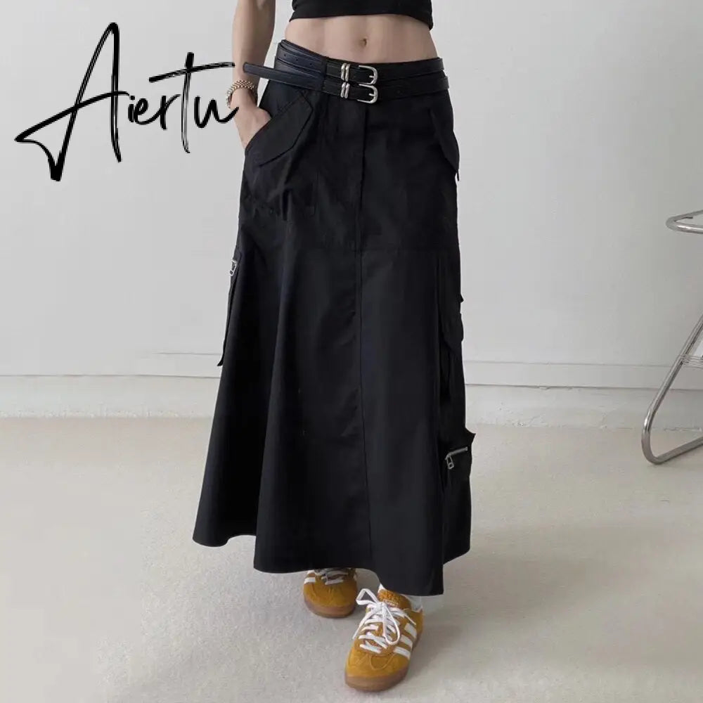 Patchwork Double Belt Skirts For Women Dropped Waist Spliced Pockets Vintage A Line Skirt Female Fashion Clothing Aiertu