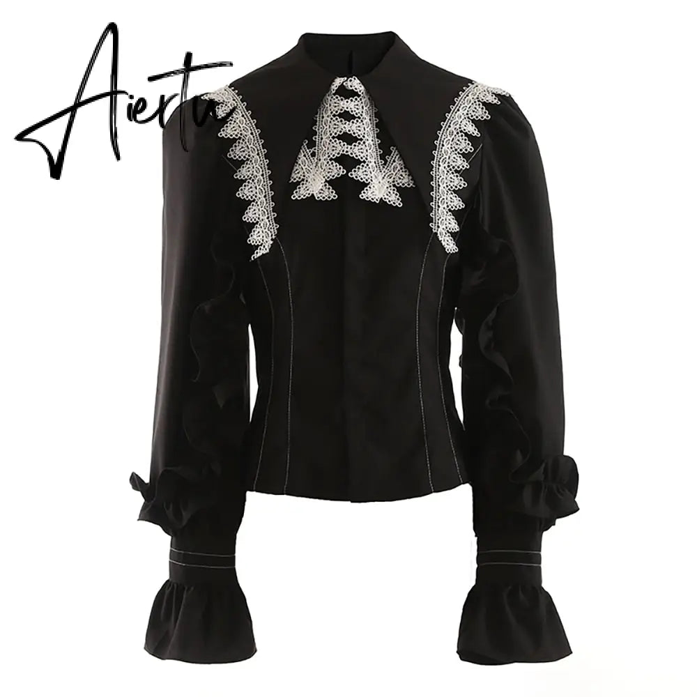 Patchwork Lace Shirts For Women Lapel Flare Sleeve Spliced Edible Tree Fungus Casual Blouse Female Fashion Clothing Aiertu