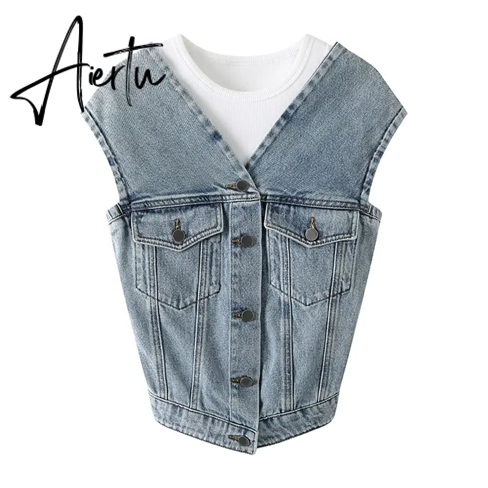 Patchwork Pocket Denim Shirt For Women Round Neck Sleeveless Off Shoulder Spliced Button Blouse Female Fashion Aiertu