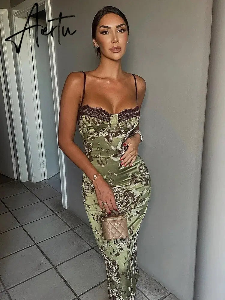 Patchwork Vintage Printed Long Dress Female Slim Elegant Spaghetti Party Gown Dress Backless High Waist Sexy Maxi Dress Aiertu