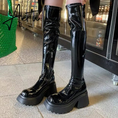 Patent Leather Chunky Platform Long Boots Women  Autumn Punk Thick Heels Shoes Woman Zipper Black Motorcycle Botas De Mujer Aiertu