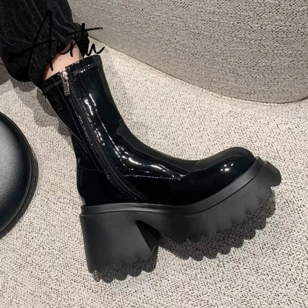 Patent Leather Chunky Platform Long Boots Women  Autumn Punk Thick Heels Shoes Woman Zipper Black Motorcycle Botas De Mujer Aiertu