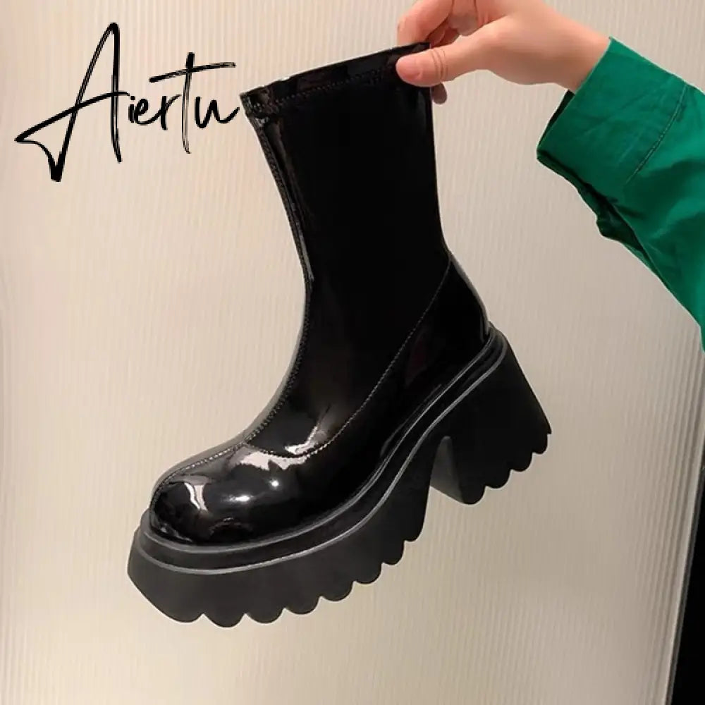 Patent Leather Chunky Platform Long Boots Women  Autumn Punk Thick Heels Shoes Woman Zipper Black Motorcycle Botas De Mujer Aiertu