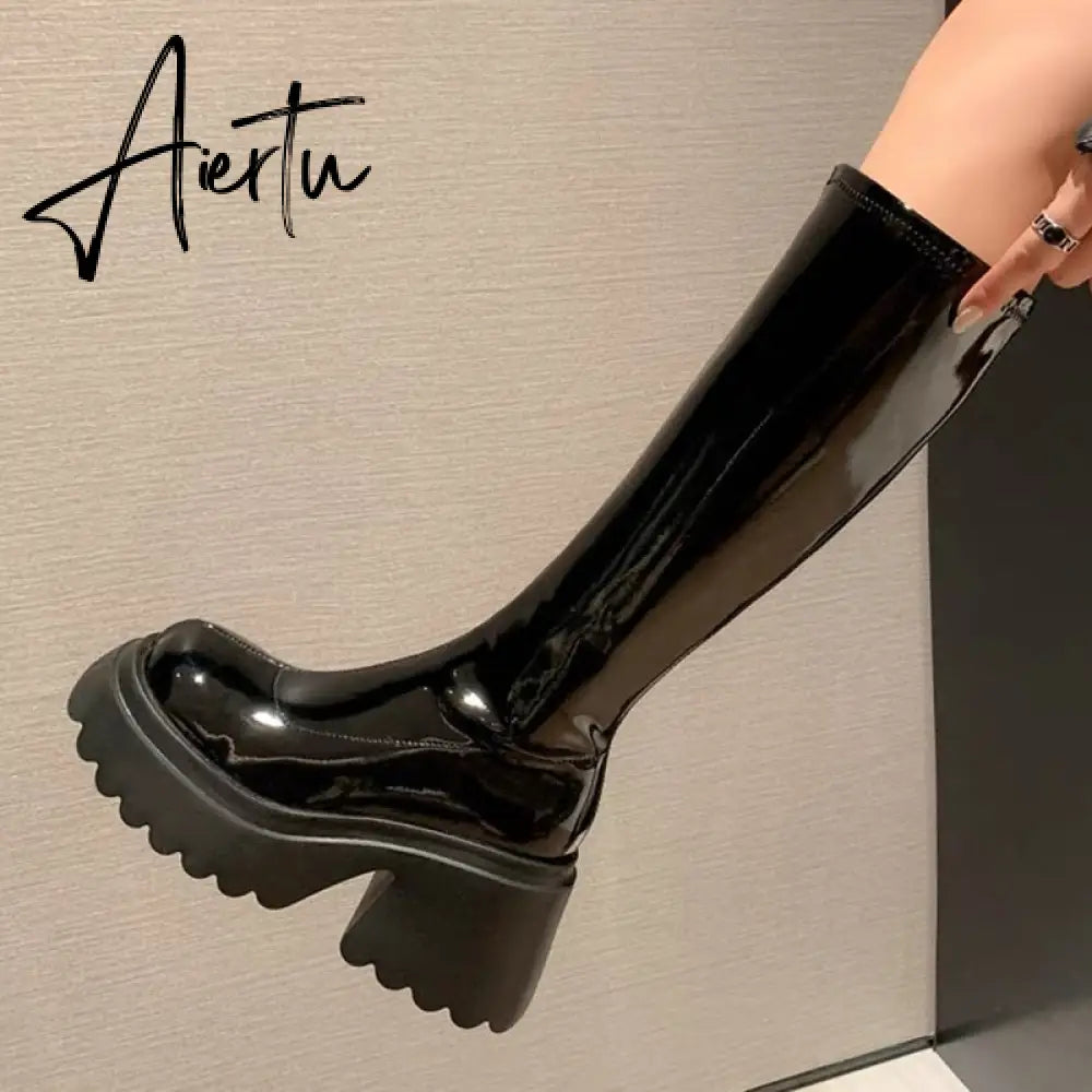 Patent Leather Chunky Platform Long Boots Women  Autumn Punk Thick Heels Shoes Woman Zipper Black Motorcycle Botas De Mujer Aiertu