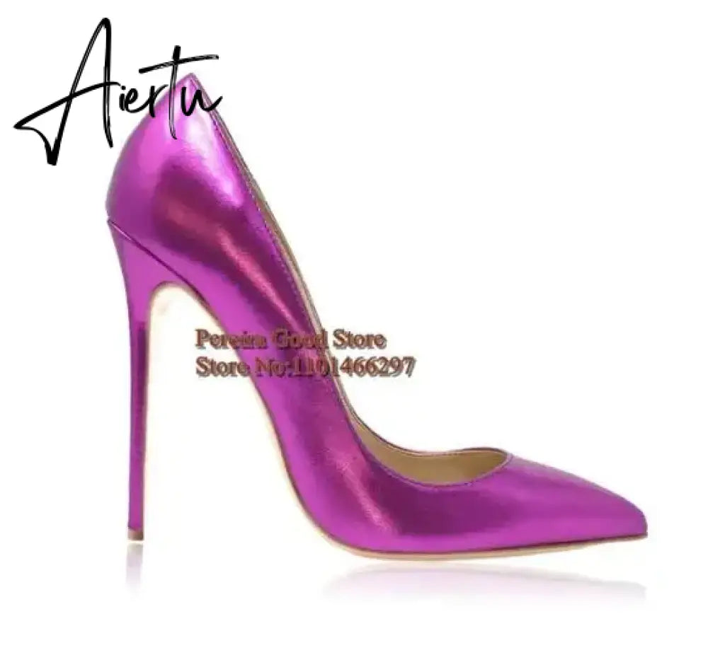 Pink Metallic Leather Woman High Heel Shoes Pointed Toe Shallow Stiletto High Heels Pumps Slip-on Polished Leather Runway Shoes Aiertu
