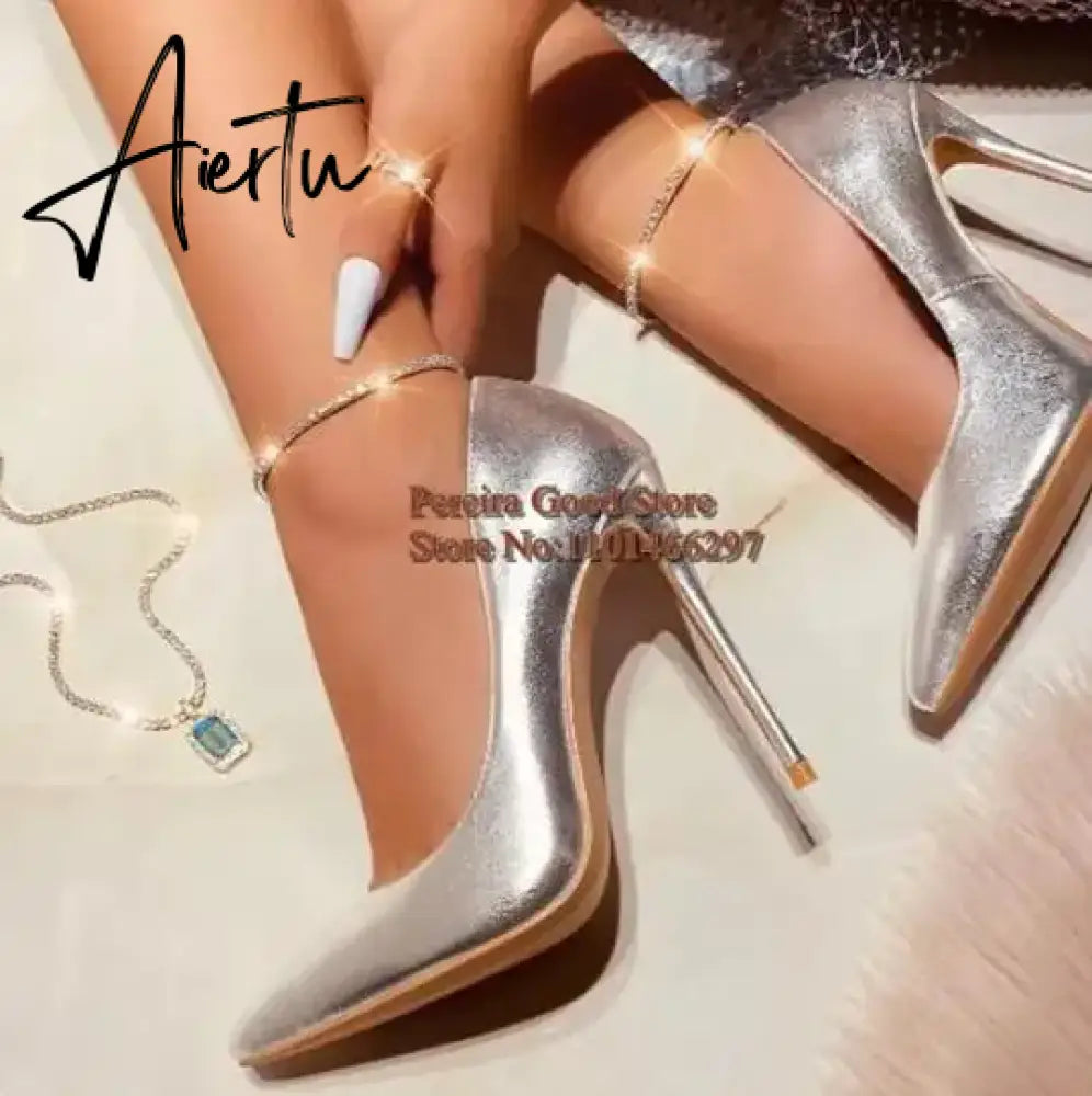 Pink Metallic Leather Woman High Heel Shoes Pointed Toe Shallow Stiletto High Heels Pumps Slip-on Polished Leather Runway Shoes Aiertu