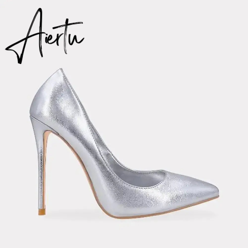 Pink Metallic Leather Woman High Heel Shoes Pointed Toe Shallow Stiletto High Heels Pumps Slip-on Polished Leather Runway Shoes Aiertu