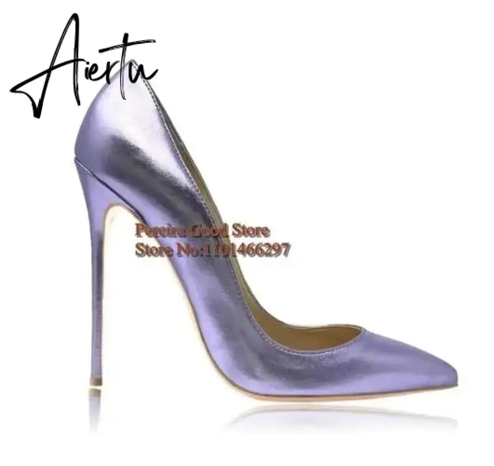 Pink Metallic Leather Woman High Heel Shoes Pointed Toe Shallow Stiletto High Heels Pumps Slip-on Polished Leather Runway Shoes Aiertu