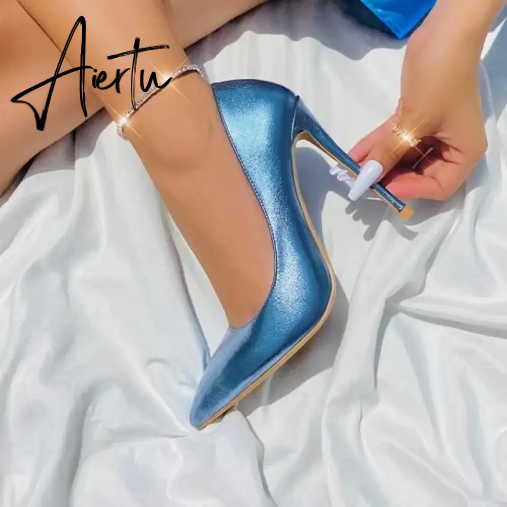 Pink Metallic Leather Woman High Heel Shoes Pointed Toe Shallow Stiletto High Heels Pumps Slip-on Polished Leather Runway Shoes Aiertu