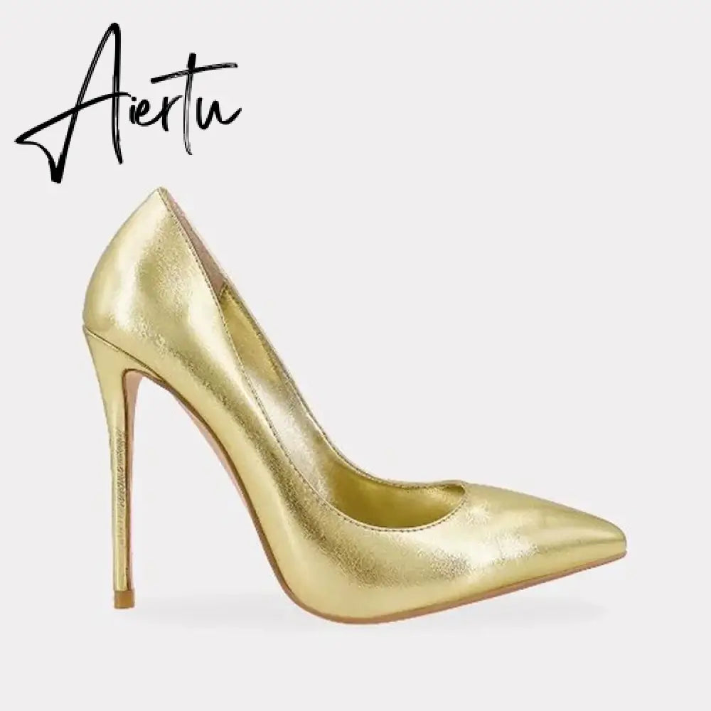 Pink Metallic Leather Woman High Heel Shoes Pointed Toe Shallow Stiletto High Heels Pumps Slip-on Polished Leather Runway Shoes Aiertu