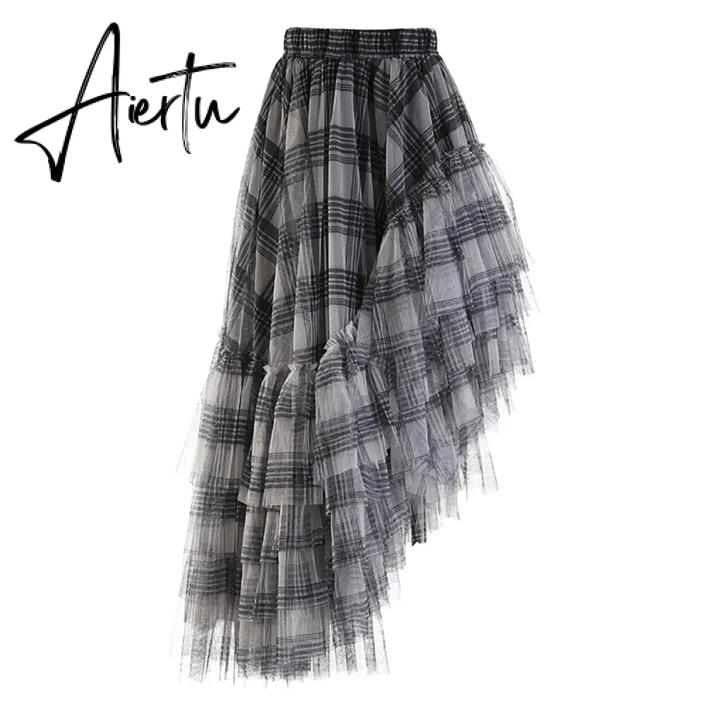 Plaid Irregular Skirt For Women High Waist A Line Loose Vintage Asymmetrical Hem Skirts Female Summer Clothing New Aiertu