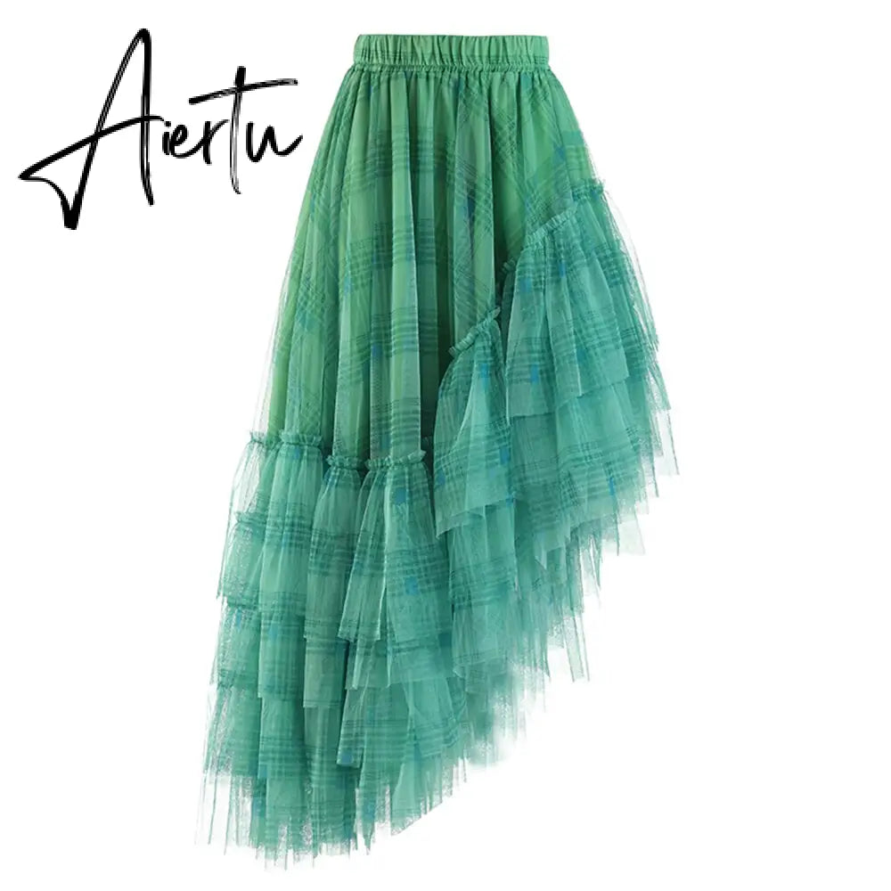 Plaid Irregular Skirt For Women High Waist A Line Loose Vintage Asymmetrical Hem Skirts Female Summer Clothing New Aiertu