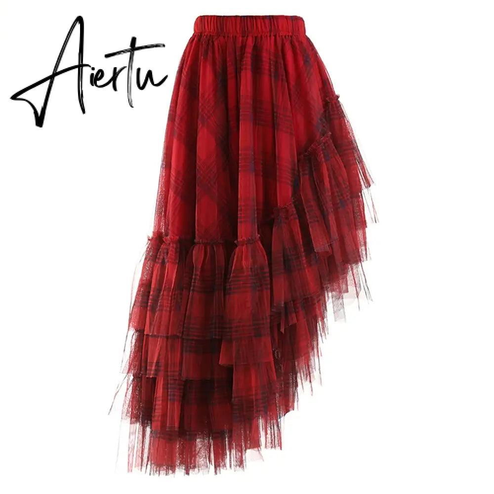 Plaid Irregular Skirt For Women High Waist A Line Loose Vintage Asymmetrical Hem Skirts Female Summer Clothing New Aiertu