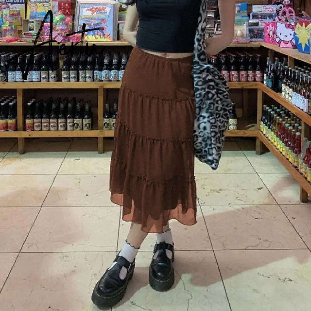 Plaid Skirt Women Y2k Retro Straight Skirts Double Layer Mesh E Girl 2000s Harajuku Aesthetic High Waist Skinny Streetwear Skirt Aiertu