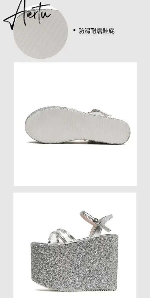 Platform Block Heel Sandals For Women Bling Shoes Buckle Strap Super High Heels Goth Gothic Open Toe Summer New Trendy Aiertu