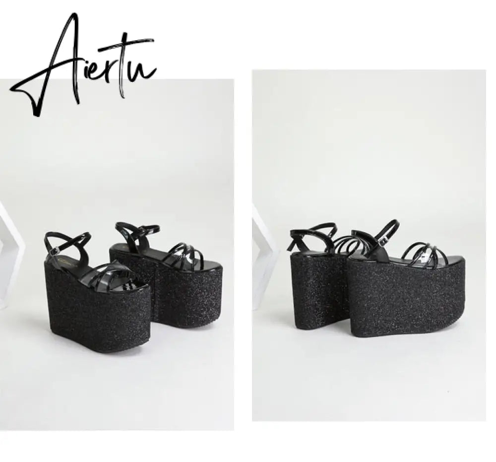 Platform Block Heel Sandals For Women Bling Shoes Buckle Strap Super High Heels Goth Gothic Open Toe Summer New Trendy Aiertu