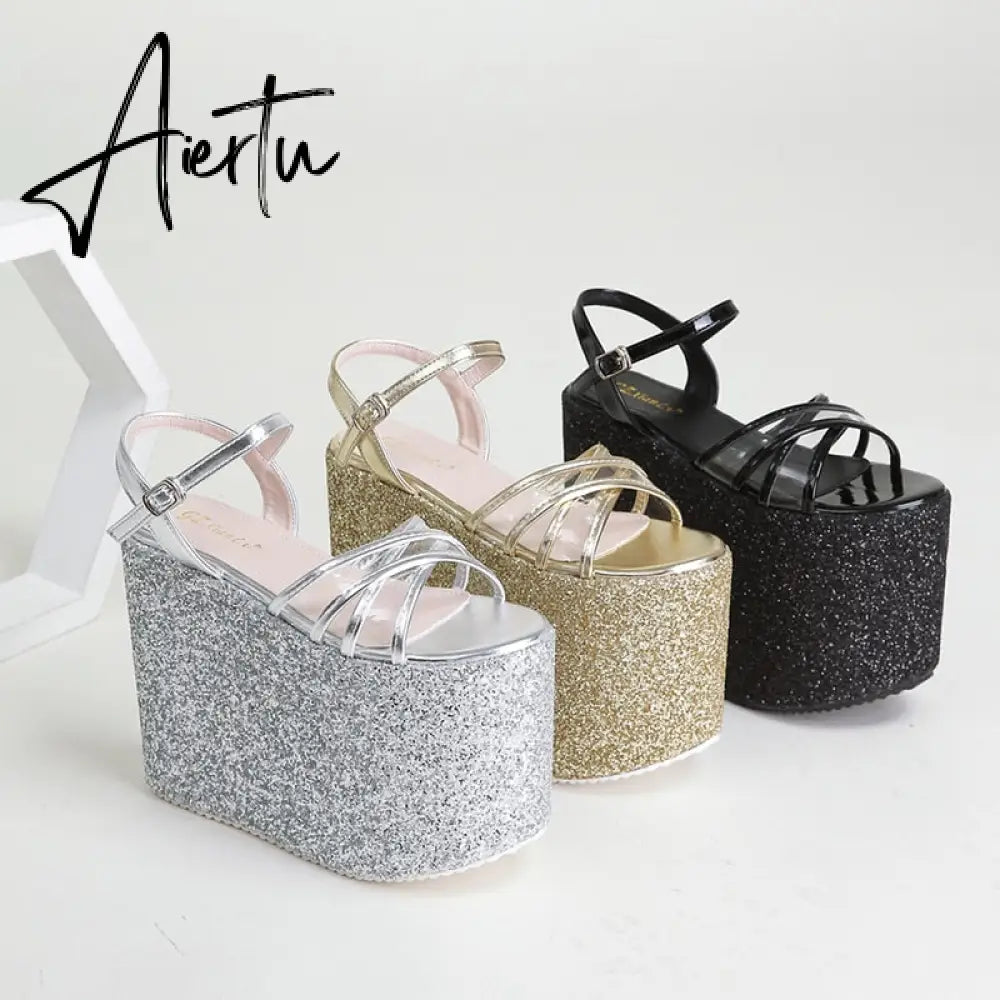 Platform Block Heel Sandals For Women Bling Shoes Buckle Strap Super High Heels Goth Gothic Open Toe Summer New Trendy Aiertu