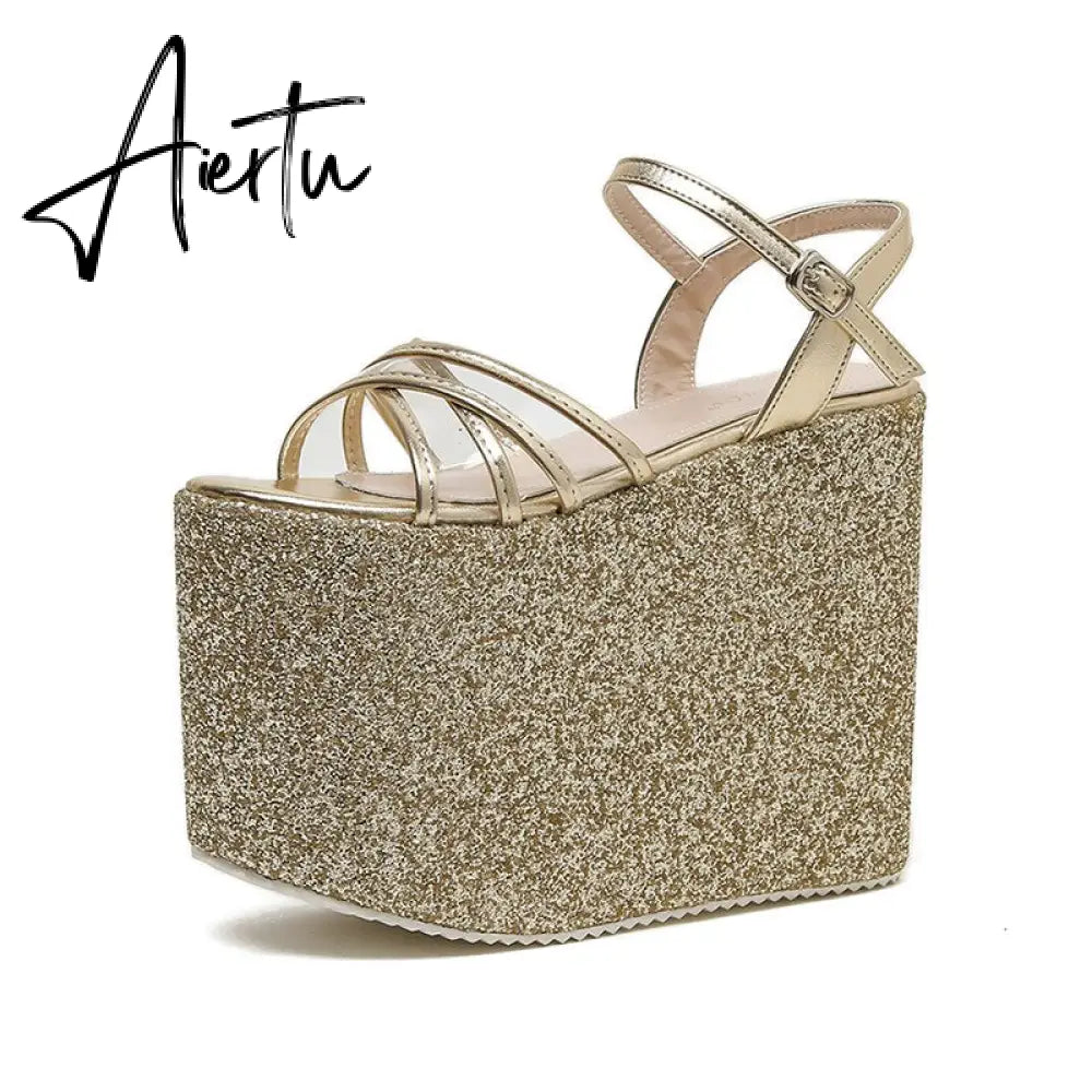 Platform Block Heel Sandals For Women Bling Shoes Buckle Strap Super High Heels Goth Gothic Open Toe Summer New Trendy Aiertu