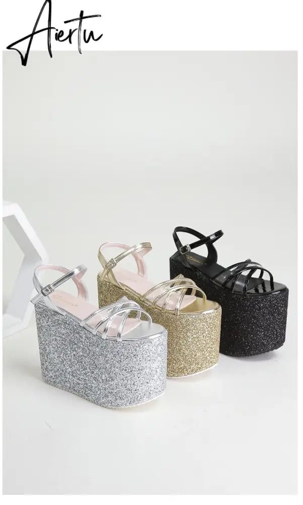 Platform Block Heel Sandals For Women Bling Shoes Buckle Strap Super High Heels Goth Gothic Open Toe Summer New Trendy Aiertu