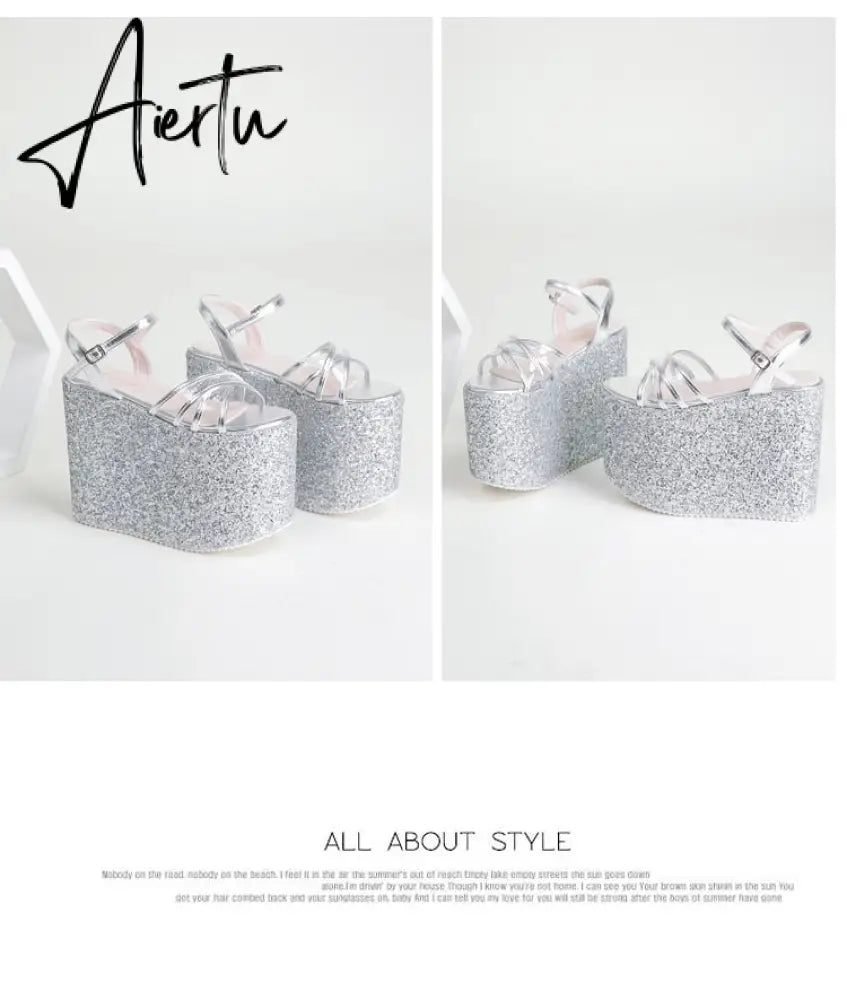 Platform Block Heel Sandals For Women Bling Shoes Buckle Strap Super High Heels Goth Gothic Open Toe Summer New Trendy Aiertu