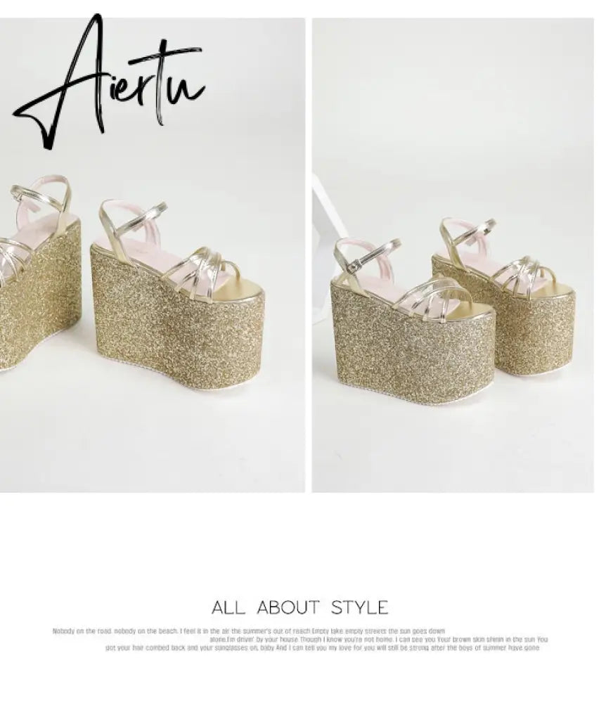 Platform Block Heel Sandals For Women Bling Shoes Buckle Strap Super High Heels Goth Gothic Open Toe Summer New Trendy Aiertu