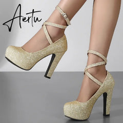 Platform High Heels Women Pumps Shoes 2023 Spring Straps Gold Silver Heeled Wedding Office Party Shoes Female Large Size 45 50 Aiertu