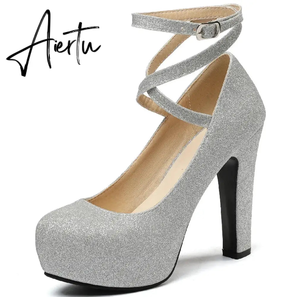 Platform High Heels Women Pumps Shoes 2023 Spring Straps Gold Silver Heeled Wedding Office Party Shoes Female Large Size 45 50 Aiertu