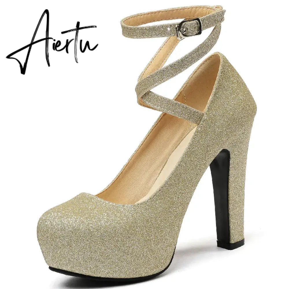 Platform High Heels Women Pumps Shoes 2023 Spring Straps Gold Silver Heeled Wedding Office Party Shoes Female Large Size 45 50 Aiertu