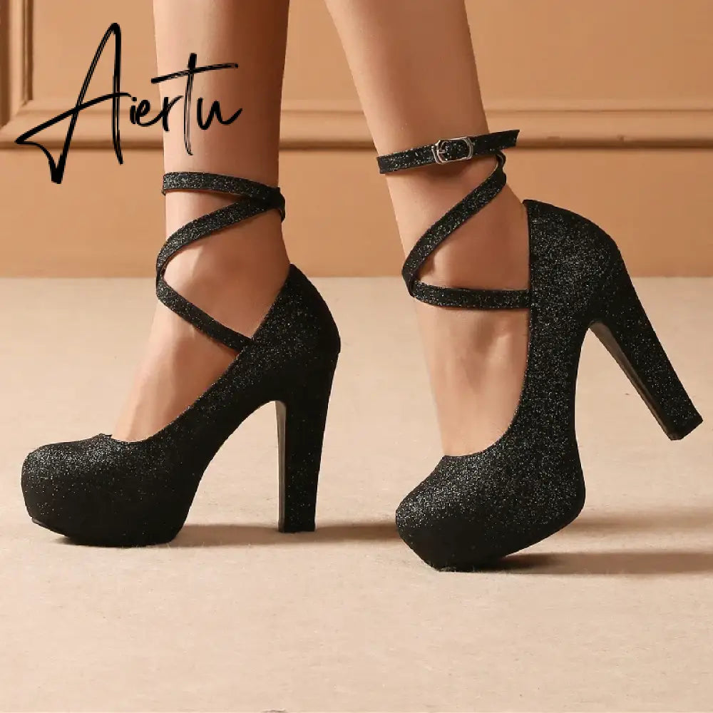 Platform High Heels Women Pumps Shoes 2023 Spring Straps Gold Silver Heeled Wedding Office Party Shoes Female Large Size 45 50 Aiertu