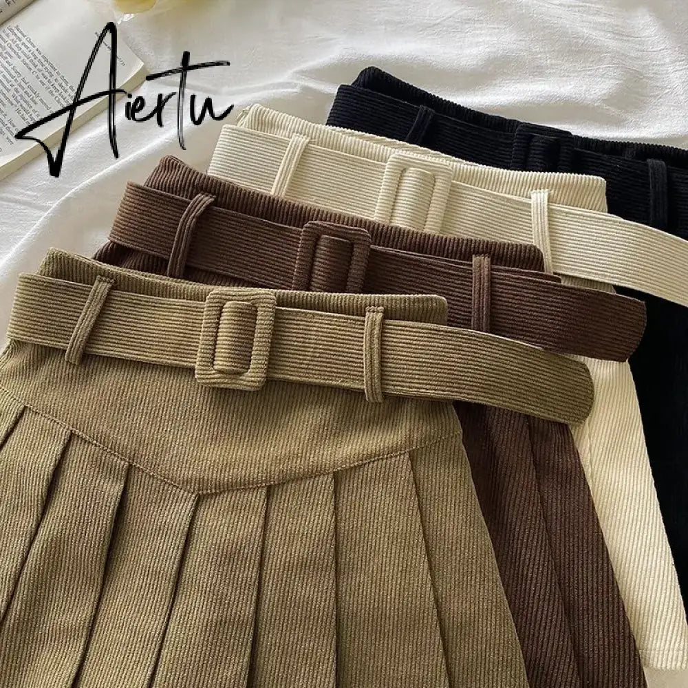 Pleated Mini Skirts Women Japan Students Corduroy Preppy Style Autumn Winter Basic Solid Bottoms Chic Vintage JK Slim All-match Aiertu