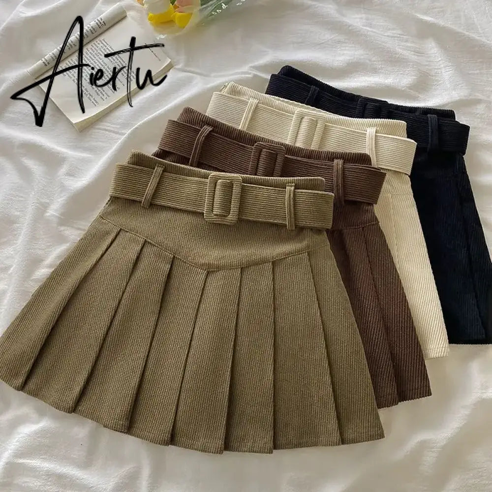 Pleated Mini Skirts Women Japan Students Corduroy Preppy Style Autumn Winter Basic Solid Bottoms Chic Vintage JK Slim All-match Aiertu
