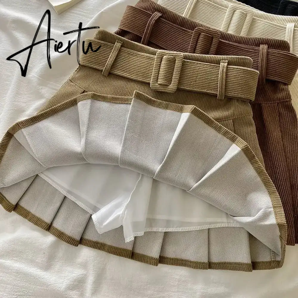Pleated Mini Skirts Women Japan Students Corduroy Preppy Style Autumn Winter Basic Solid Bottoms Chic Vintage JK Slim All-match Aiertu