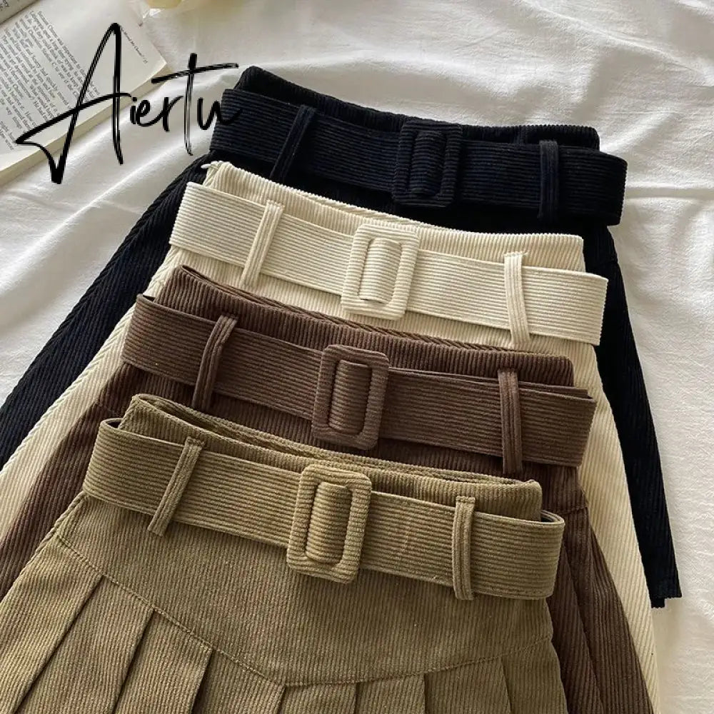 Pleated Mini Skirts Women Japan Students Corduroy Preppy Style Autumn Winter Basic Solid Bottoms Chic Vintage JK Slim All-match Aiertu