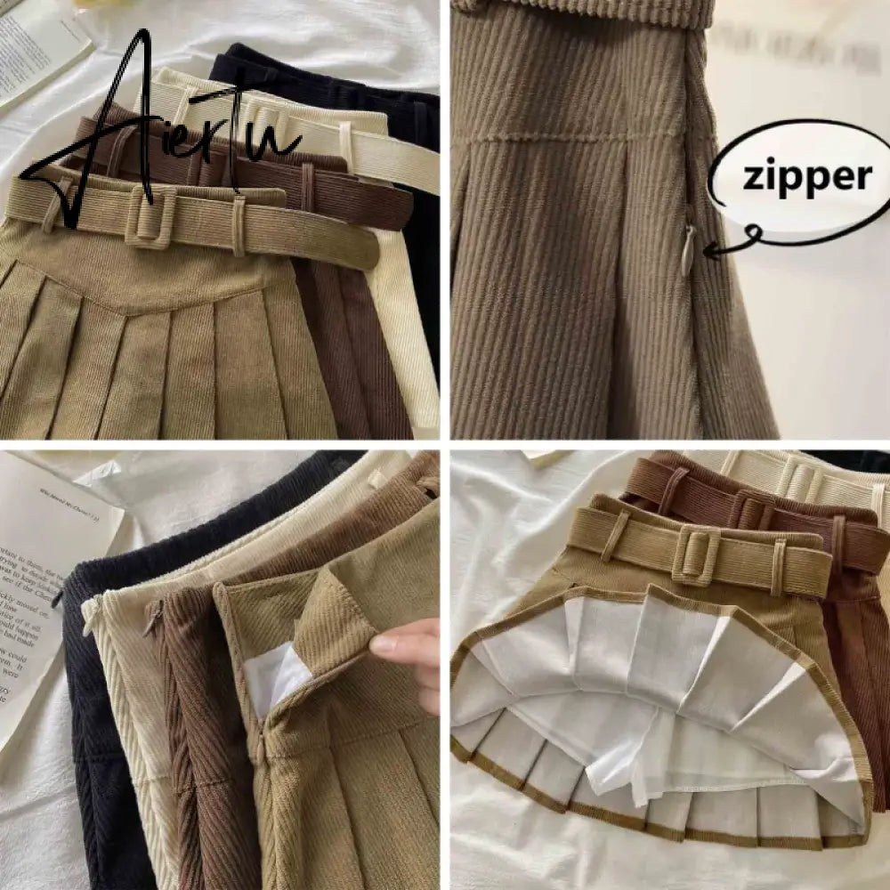 Pleated Mini Skirts Women Japan Students Corduroy Preppy Style Autumn Winter Basic Solid Bottoms Chic Vintage JK Slim All-match Aiertu