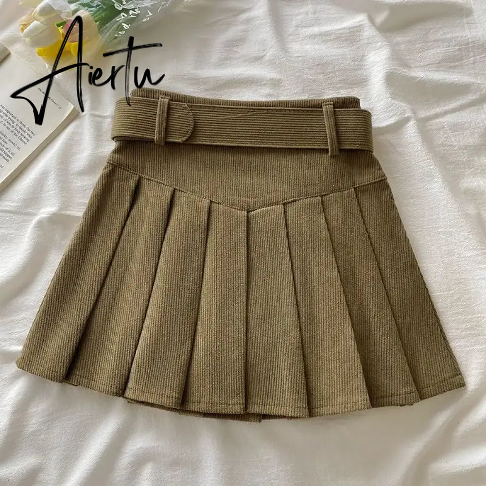Pleated Mini Skirts Women Japan Students Corduroy Preppy Style Autumn Winter Basic Solid Bottoms Chic Vintage JK Slim All-match Aiertu