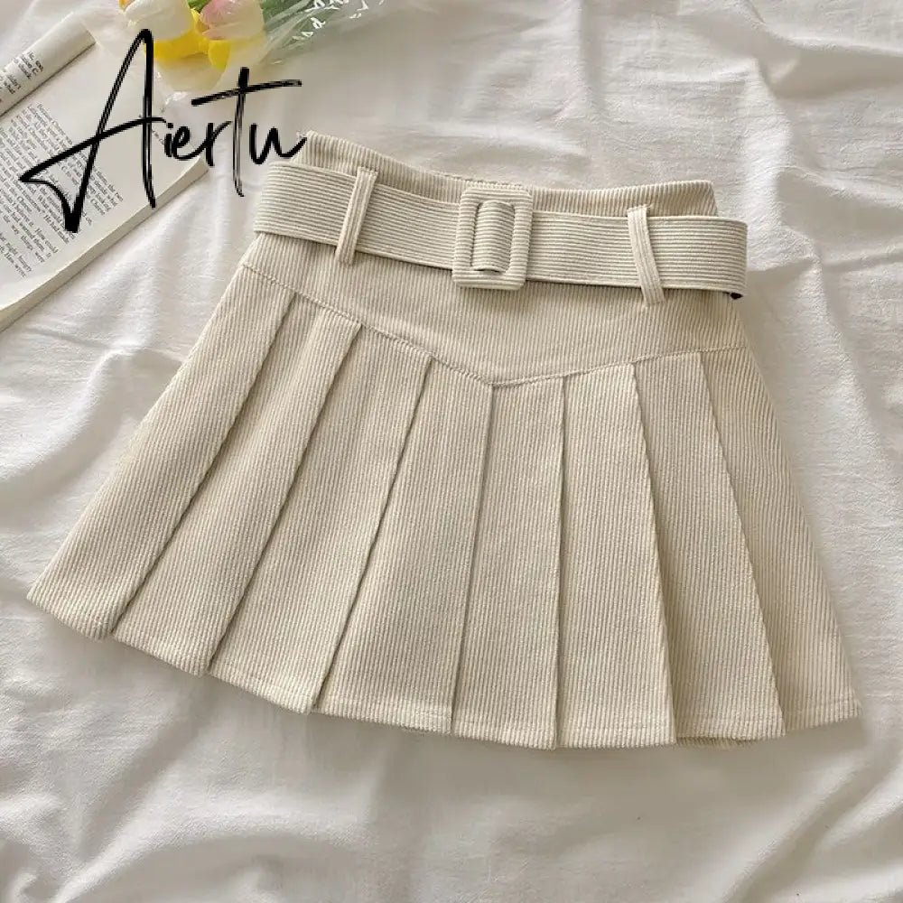 Pleated Mini Skirts Women Japan Students Corduroy Preppy Style Autumn Winter Basic Solid Bottoms Chic Vintage JK Slim All-match Aiertu
