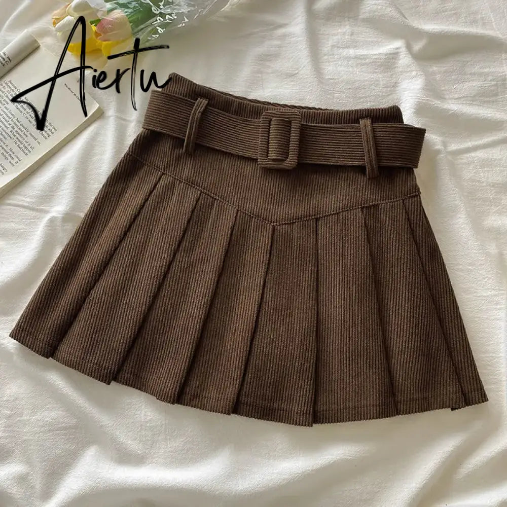 Pleated Mini Skirts Women Japan Students Corduroy Preppy Style Autumn Winter Basic Solid Bottoms Chic Vintage JK Slim All-match Aiertu