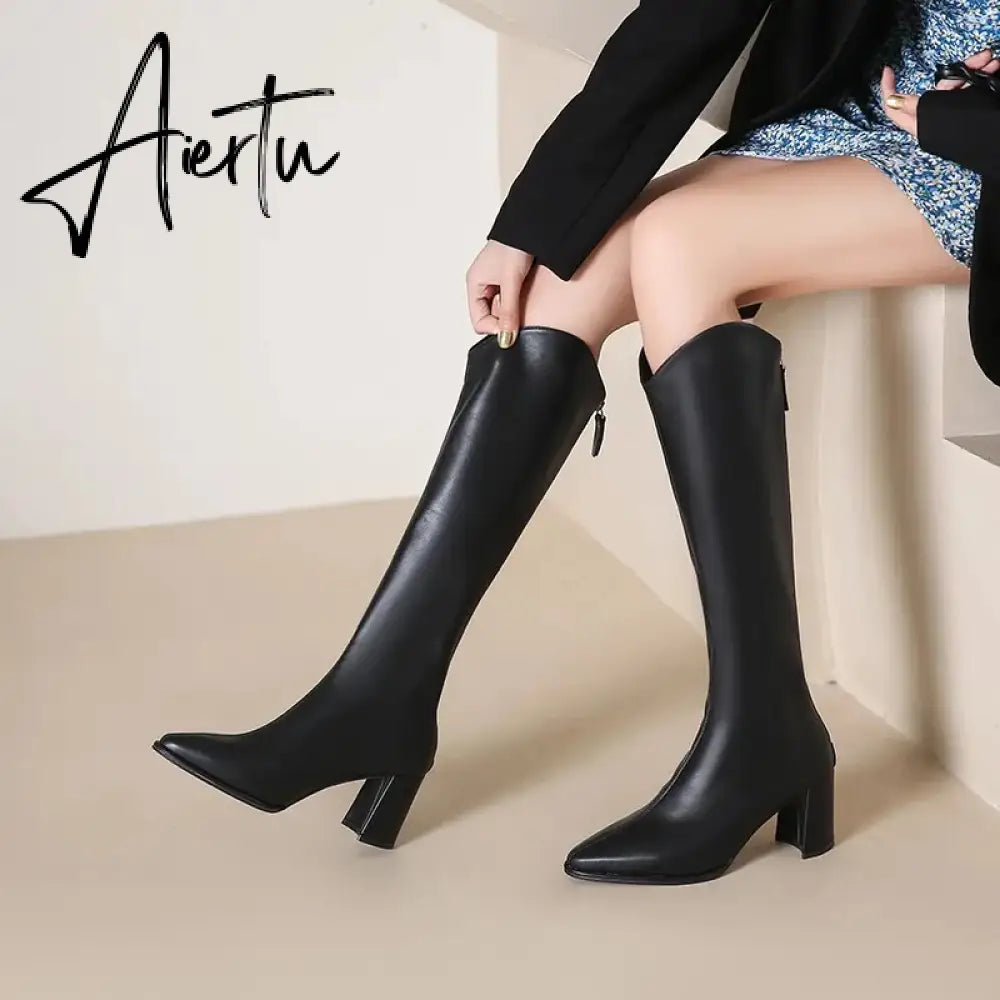 Plus Size 34-43 New Women Boots Zipper Thick High Heels Simple Thick High Heels Autumn Winter Boots Knee High Botas Aiertu