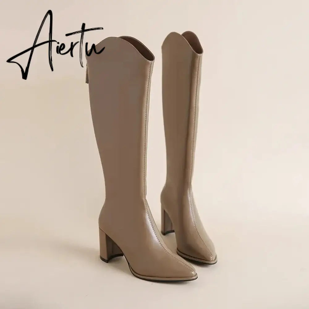 Plus Size 34-43 New Women Boots Zipper Thick High Heels Simple Thick High Heels Autumn Winter Boots Knee High Botas Aiertu
