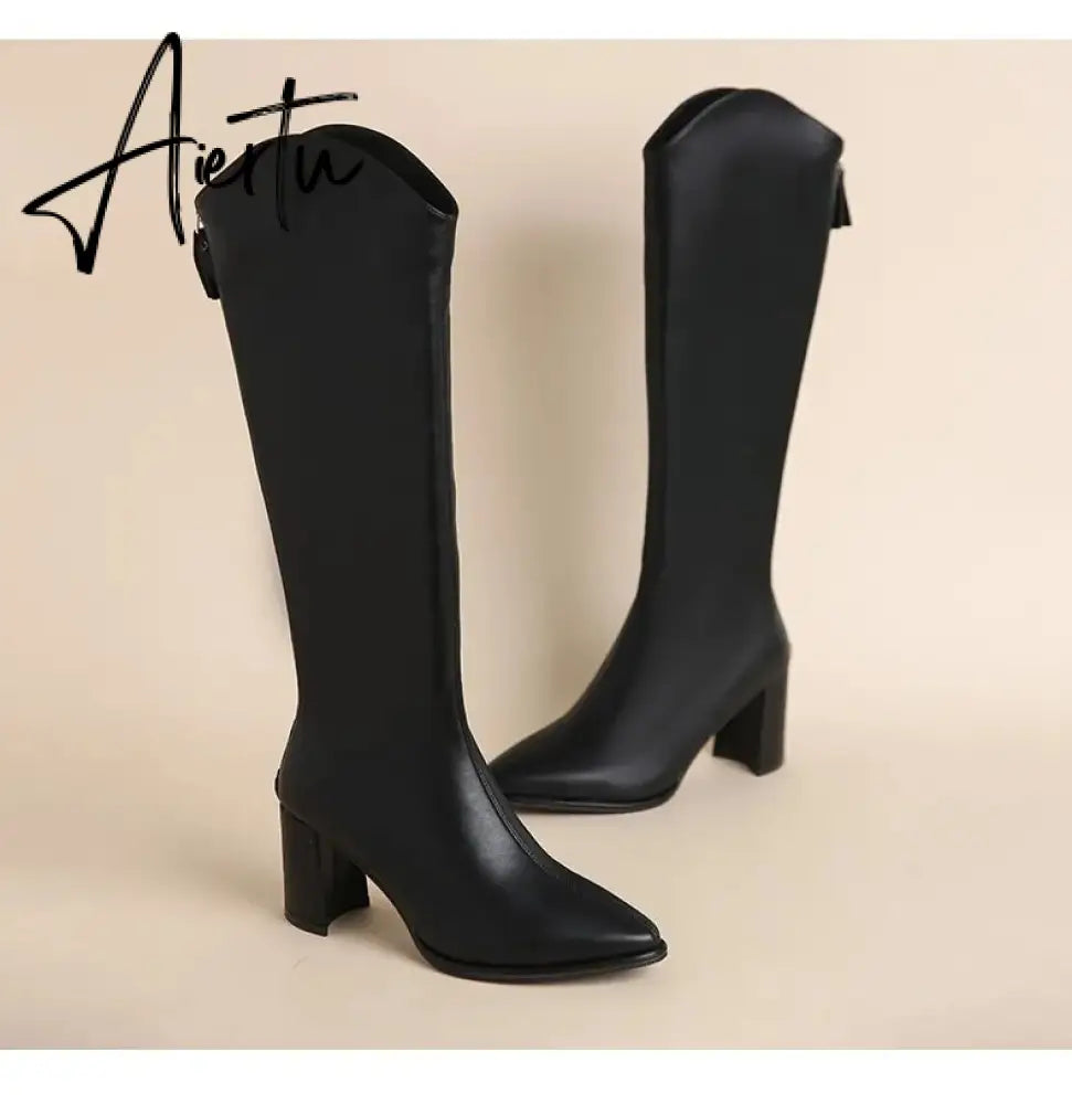 Plus Size 34-43 New Women Boots Zipper Thick High Heels Simple Thick High Heels Autumn Winter Boots Knee High Botas Aiertu