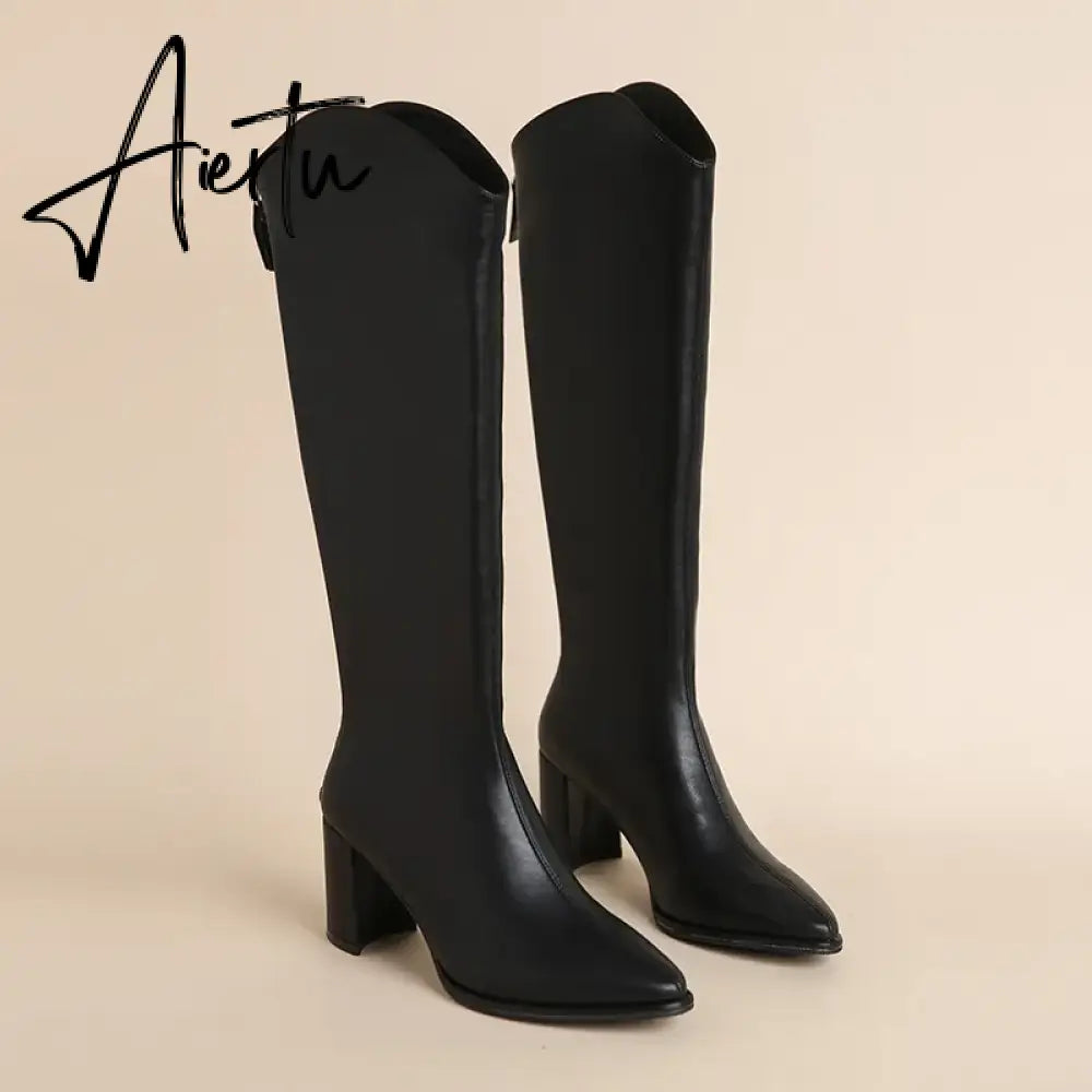 Plus Size 34-43 New Women Boots Zipper Thick High Heels Simple Thick High Heels Autumn Winter Boots Knee High Botas Aiertu