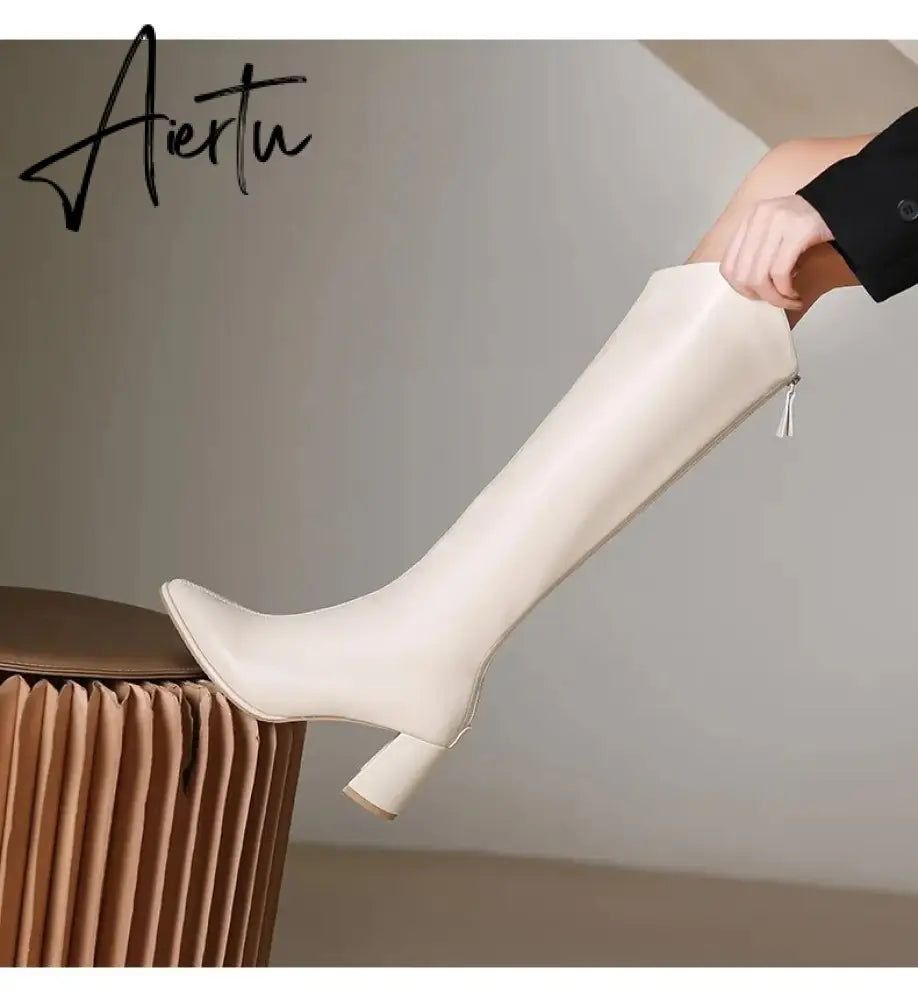 Plus Size 34-43 New Women Boots Zipper Thick High Heels Simple Thick High Heels Autumn Winter Boots Knee High Botas Aiertu